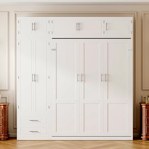 Merax Queen Size Murphy Bed with Top Cabinet, Shelves and Wardrobe, Fold into The Wall, Space-Saving Design, Multifunctional Foldable Platform Bed Frame for Bedroom, Guest Room, Home Office, White Merax
