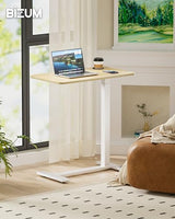 BIZUM Adjustable Bedside Table with Swivel Hidden Wheels Pneumatic Rolling Desk Mobile Standing Desk with Cup Holder for Hospital Home(27.6"x15.8" Maple) BIZUM