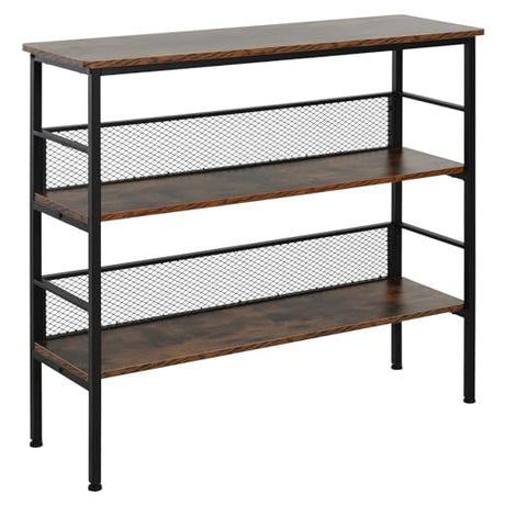 HOMCOM 3-Tier Console Table Industrial Style Storage Metal Wooden Shelf with a Robust Multi-Functional Design & Adjustable Feet, Black HOMCOM