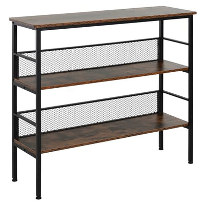 HOMCOM 3-Tier Console Table Industrial Style Storage Metal Wooden Shelf with a Robust Multi-Functional Design & Adjustable Feet, Black