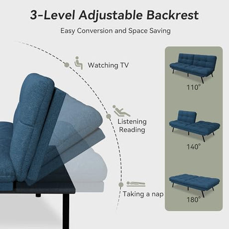 AMICLIBER Convertible Futon Sofa Bed,Blue Linen Modern Futon Couch,Memory Foam Loveseat Sleeper Recliner,Detachable Cushion,Adjustable Backrest & Armrest,Couches for Living Room,Office,Apartment AMICLIBER