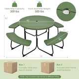 Giantex Picnic Table Set for Up to 8 Persons, Round Outdoor Table and Bench Set with Umbrella Hole, HDPE Top & Metal Frame, 2000LBS Capacity, Patio Table Bench Set for Deck Backyard Garden (Green) Giantex
