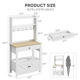 LIKIMIO Baker Rack with Power Outlet & Drawer, Coffee Bar Cabinet with Storage, Farmhouse Microwave Stand with Hutch and 5 Hooks for Kitchen, White LIKIMIO