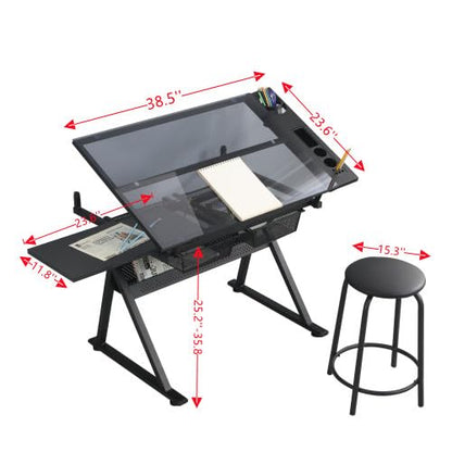 BAOMKONG Drafting Table and Stool Set, Tempered Black Glass Drawing Table with Adjustable Tabletop and Height Art Table for Artist Painters Home Office - WoodArtSupply