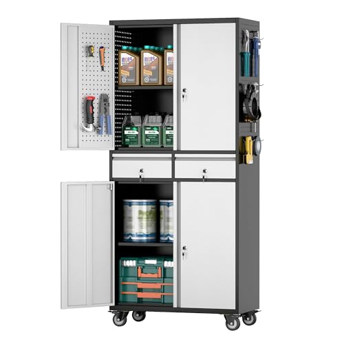 Aobabo 71" H 2 Drawer Metal Storage Cabinet with Wheels and 4 Pegboards,Lockable Steel Garage Storage Cabinet with 2 Adjustable Shelves,Black Sliver,Assembly Required Aobabo
