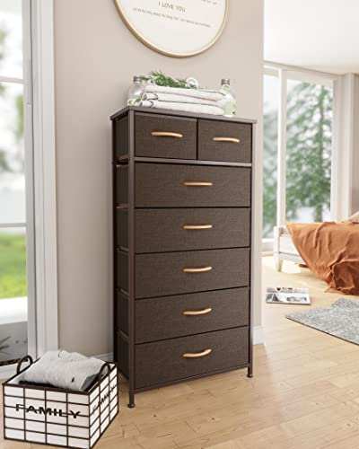 Pellebant Dresser for Bedroom with 7 Drawers, Tall Dresser Vertical Storage Tower, Sturdy Metal Frame, Fabric Storage Bins with Wooden Handle and Wooden Top, Organizer Unit for Closet/Hallway, Brown Pellebant