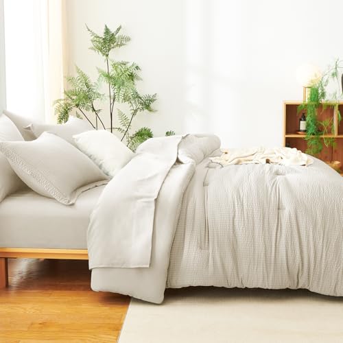 CozyLux Queen Comforter Set Beige - 7 Pieces Striped Seersucker Bed in a Bag, Soft Lightweight Boho Bedding Set with All Season Comforters Queen Size, Sheets, Pillowcases & Shams CozyLux