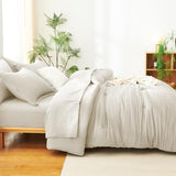 CozyLux Queen Comforter Set Beige - 7 Pieces Striped Seersucker Bed in a Bag, Soft Lightweight Boho Bedding Set with All Season Comforters Queen Size, Sheets, Pillowcases & Shams CozyLux