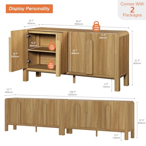 WAMPAT 63" W Large Buffet Sideboard Cabinet with Storages, Modern Buffet Table Coffee Bar Wine Bar Storage Curved Cabinet with 4 Doors for Dining Room, Living Room, Kitchen, Light Walnut WAMPAT