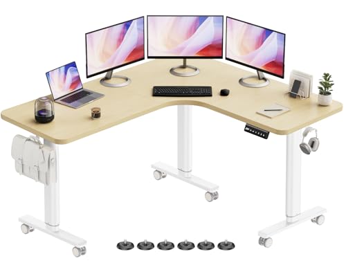 Flycity Electric L Shaped Standing Desk Adjustable Height, 63" x 55" Corner Stand Up Table, Home Office Desk, Dual Motor Sit Stand Desk, Computer Desk with 3 Memory Preset & Lock, Maple Flycity