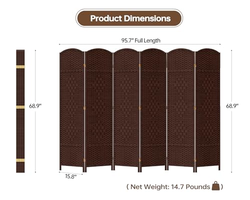 Duraspace 6 Panels Room Divider 6 FT Tall Weave Fiber Freestanding Double Hinged Extra Wide Folding Screen for Patio Privacy (Brown) DURASPACE