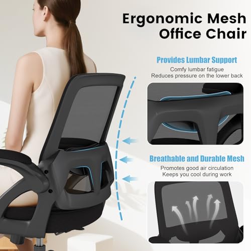AnyGod Big and Tall Office Chair, Ergonomic Desk Chair Mesh Mid Back with Comfy Lumbar Support Swivel Task Executive Chairs with Wheels, Flip up Arms for Home, Office, Study AnyGod