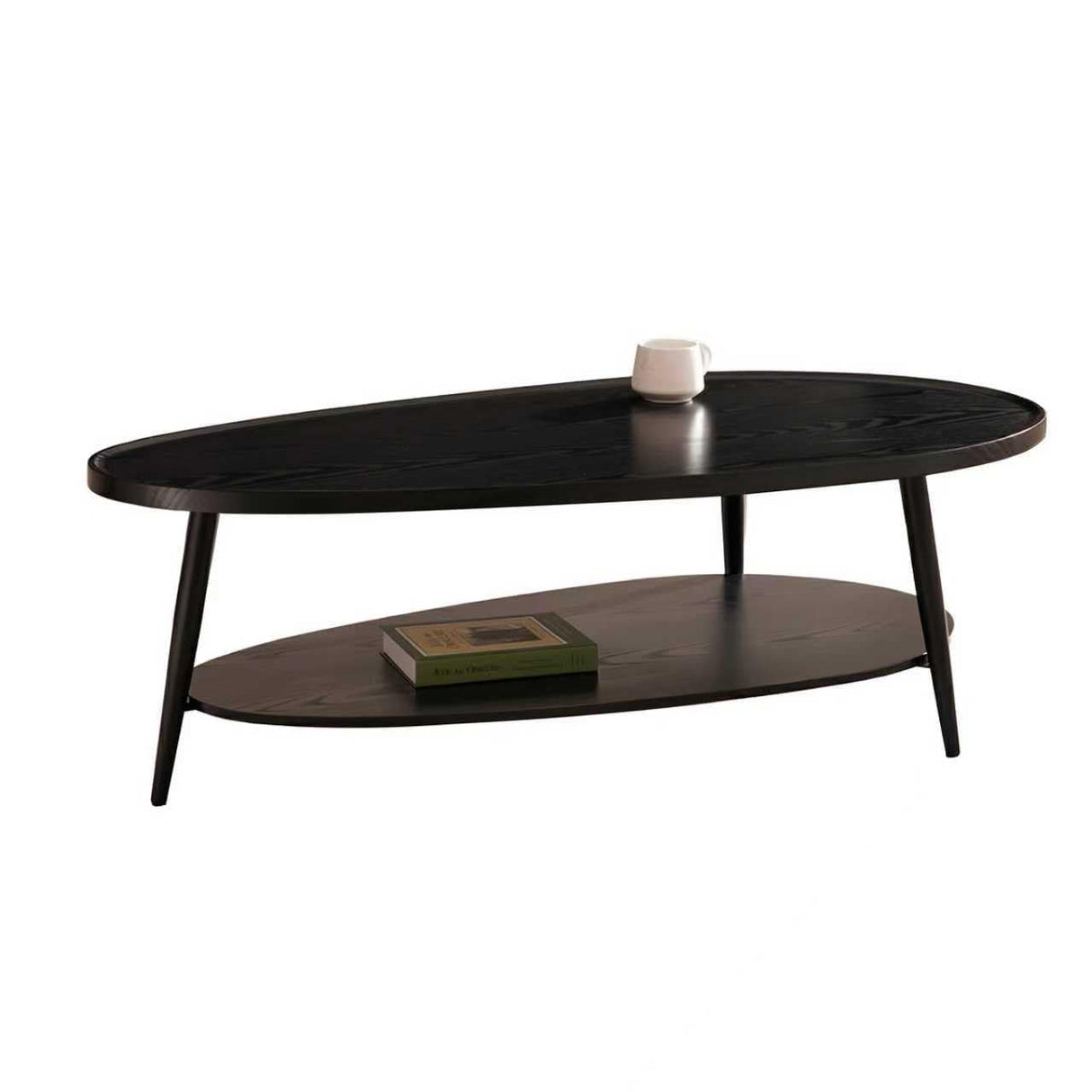 Shrine Black Oval Coffee Table, Mid-Century Modern Coffee Table, Black Walnut Wood Table for Living Room, D47''x W23.6''x H15'', Sleek Conical Metal Legs with Black Finish Shrine