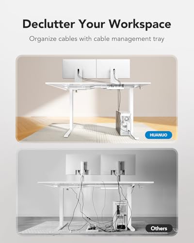 HUANUO L-Shaped Standing Desk, 63 x 40 inch Dual Motor Corner Standing Desk, Electric Height Adjustable Computer Desk with Cable Tray & 3 Preset Heights, Raising Desk for Home Office, White, HNESD109 HUANUO