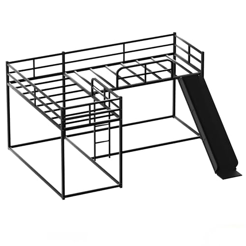 AiHMEi Metal Bunk Beds with Slide L-Shape Bunk Bed with Length Guardrail and Ladder for 4 Twin(78.74" x 35.43") Over Twin Bunk Bed Frame for Boys Girls Teens, Black AiHMEi