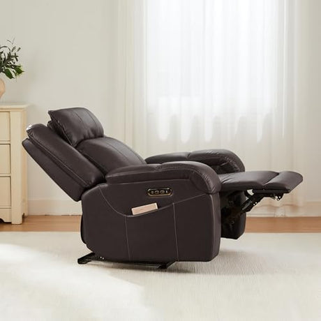 SITJOY Pet Friendly Leather Power Recliner Chair, Zero Wall Hugger RV Recliners with Power Headrest, Charging Ports, Side Pockets, Down-Filled, Scratch Resistant Waterproof Faux Leather in Dark Brown SITJOY
