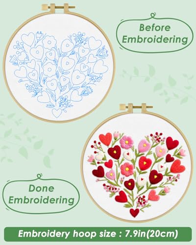 ERKOON Embroidery Kit for Beginners Adult, Flower Cross Stitch Set Include Embroidery Cloth Hoops Threads for Craft Lover Hand Stitch with Embroidery Skill Techniques (Heart) ERKOON