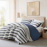 Madison Park Essentials Striped Comforter Set Queen Size, Yarn-Dyed Reversible Comforter with Minimalist Stripes, Crinkled Texture Bedding Set for All-Season Lightweight Warmth, Merritt Blue Madison Park