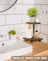 Tikea Decorative Wood Riser for Display, 2-Tier Rustic Corner Shelf for Kitchen Bathroom Counter Decor, Pedestal Stand for Soap Dispenser, Candle and Plant (Brown) Tikea