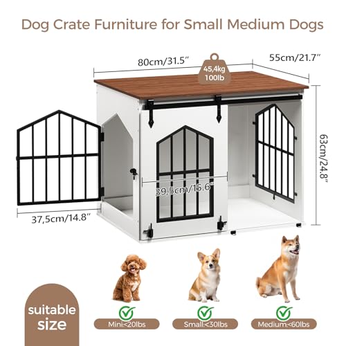 MAHANCRIS Dog Crate Furniture, 31.5" Farmhouse Dog Kennel with Sliding Barn Door, Wooden Dog Cage for Small Medium Dogs, Decorative Pet House Side End Table, Chew-Resistant, White and Walnut DCBA9601 MAHANCRIS