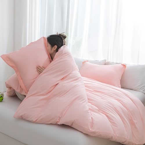SheRest Pink Duvet Cover Twin Size - Soft Brushed Microfiber, 1 Duvet Cover 68x90 Inches with Zipper Closure 8 Ties & 1 Pillow Sham, Breathable Bedding Set for All Season (No Comforter) SheRest