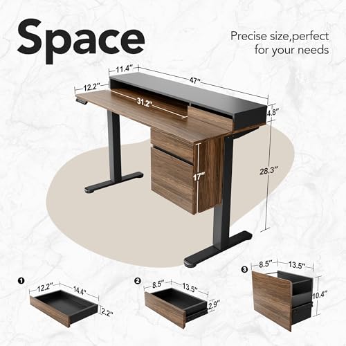 HUANUO Standing Desk with Drawers and File Cabinet, 47 Inch Electric Height Adjustable Desk with Storage, Ergonomic Stand Up Table with Monitor Stand, Black Walnut HUANUO