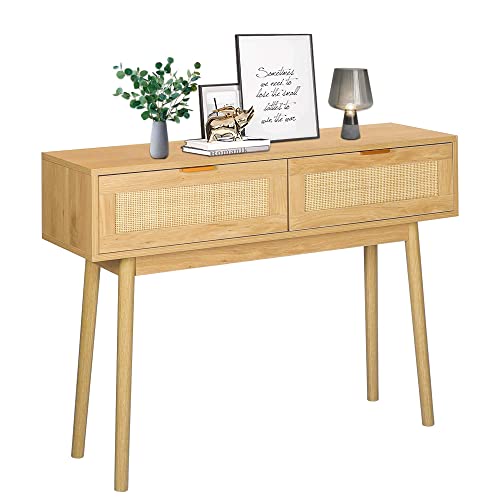 LAZZO 39" Console Table, Oak Grain Sofa Table with Wood Frame, Rustic Hallway Table with 2 Bamboo Weaving Storage Drawers for Foyer Living Room Entryway LAZZO