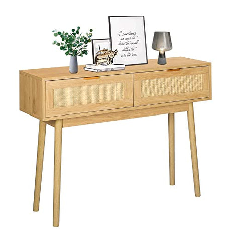 LAZZO 39" Console Table, Oak Grain Sofa Table with Wood Frame, Rustic Hallway Table with 2 Bamboo Weaving Storage Drawers for Foyer Living Room Entryway LAZZO