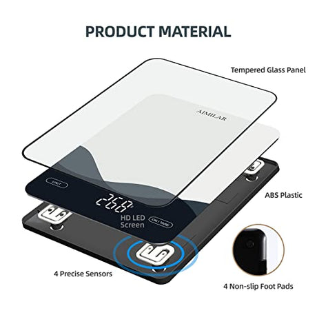 AIMILAR Digital Kitchen Scale 22lb/10kg USB-C Rechargeable, Tempered Glass Top Easy Clean, LED Touch Screen No Buttons, Auto Shut Off AIMILAR