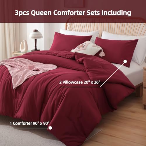 ROSGONIA Queen Comforter Set Dark Red,3pcs Bedding Comforter Sets(1 Boho Red Comforter & 2 Pillowcases) All Season Lightweight Bedspread Blanket Quilt ROSGONIA