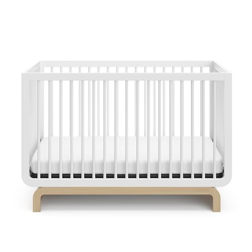 Storkcraft Santorini Deluxe 5-in-1 Convertible Crib with Bonus Toddler Guardrail (White with Driftwood) – GREENGUARD Gold Certified, Toddler Guardrail Included in Box, Fits Standard Crib Matt - WoodArtSupply