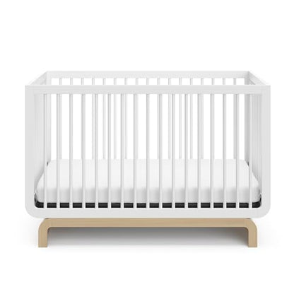 Storkcraft Santorini Deluxe 5-in-1 Convertible Crib with Bonus Toddler Guardrail (White with Driftwood) – GREENGUARD Gold Certified, Toddler Guardrail Included in Box, Fits Standard Crib Matt - WoodArtSupply