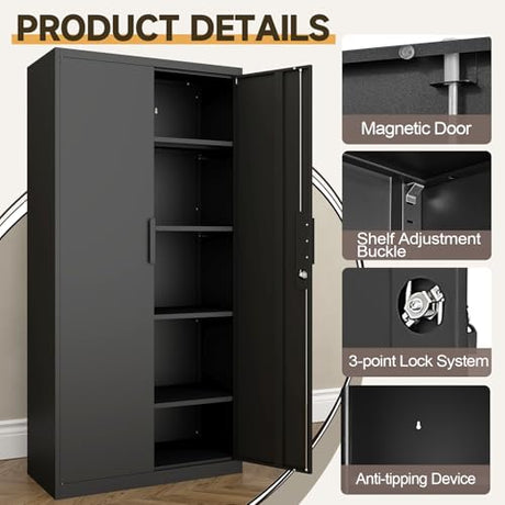 GREATMEET Metal Garage Storage Cabinets, 72" H Locking Garage Cabinets with 2 Doors and 4 Shelves, Utility Cabinet for Office, Garage, Home, Gym, School, Black GREATMEET