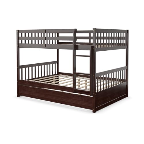 Giantex Espresso Full Over Full Bunk Bed with Trundle & Guardrails, Convertible Design for Kids and Adults Giantex