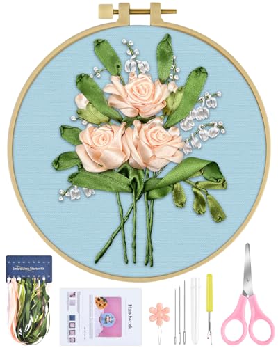 ERKOON Embroidery Kit for Beginners, Silk Ribbon Flower Cross Stitch Set for Include Embroidery Cloth Hoops Threads for Craft Lover Hand Stitch (Flowery)