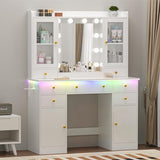 Wodeer Vanity Desk with Mirror and Lights, 43" White Makeup Vanity Set with 5 Drawers & Glass Cabinets, Makeup Tray, Power Outlet & Adjustable LED Lights, Dressing Table for Women & Girls Bedroom Wodeer