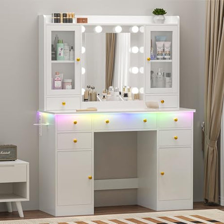 Wodeer Vanity Desk with Mirror and Lights, 43" White Makeup Vanity Set with 5 Drawers & Glass Cabinets, Makeup Tray, Power Outlet & Adjustable LED Lights, Dressing Table for Women & Girls Bedroom Wodeer