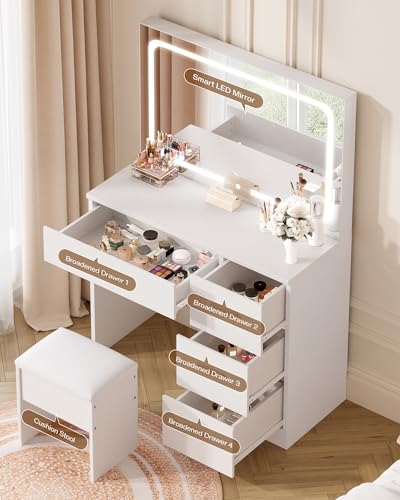 LIVELYGLOW Vanity Desk with LED Mirror, Makeup Vanity with Drawer and Cushion Stool, Dressing Table for Bedrrom, White LIVELYGLOW