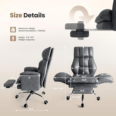 Big and Tall Office Chair, Flip Armrests for Pets & Cross Legged Sitting, Executive Ergonomic Computer Gaming Chair with Foot Rest, Premium Tech Fabric Wide Seat Reclining Desk Chair HOMRELEXA
