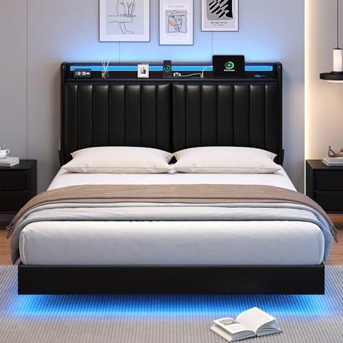Jocoevol Queen Size Floating Bed Frame with Ergonomic Hidden Storage Headboard and LED Lights, Visual Floating LED Bed Frame with Charing Station, Leather Upholstered Platform Bed, Heavy Duty, Black Jocoevol