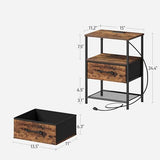 TRIFEBLE Night Stand Set 2, End Table with Charging Station, LED Bedside Table with Fabric Drawer for Bedroom, 3-Tier Side Table with Open Shelf, Rustic Brown TRIFEBLE