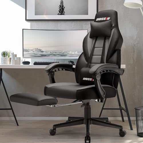 BOSSIN Gaming Chair with Massage, Ergonomic Heavy Duty Design with Footrest and Lumbar Support, Large Size Cushion High Back Office Chair, Big and Tall Gaming Computer Chair for Kids BOSSIN