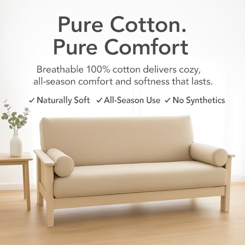 National Allergy 100% Cotton Zippered Futon Cover Full Size - Natural White - Machine Washable Futon Mattress Cover with Zipper, Durable Armless Sofa Bed Covering (54x75) National Allergy