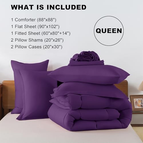 ELNIDO QUEEN® Purple Comforter Set Queen - 7 Pieces Bed in a Bag Queen Size, Bed Set for All Seasons, Ultra Soft Bedding Sets with Comforter, Flat Sheet, Fitted Sheet, Pillowcases and Pillow Shams ELNIDO QUEEN