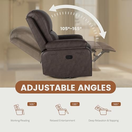 Attalee Leather Swivel Rocker Recliner Chair, Traditional Manual Chair, Upholstered Nursery Glider Rocking Recliner, Comfy Faux Leather Single Sofa with Pocket Spring for Living Room, Dark Brown