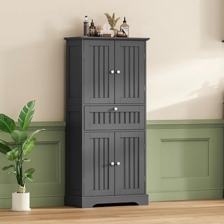 ChooChoo 51" H Tall Bathroom Floor Cabinet, Modern Bathroom Storage Cabinet with Drawer and Adjustable Shelves, Freestanding Kitchen Pantry Cupboard with 4 Doors for Living Room, Black ChooChoo