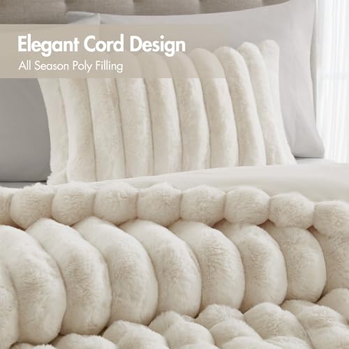 Madison Park Jasmine King Comforter Set, Luxurious Reversible Faux Fur Plush Ribbed Velvet Bedding, Fuzzy Thick Warm Winter Comforter, Super Soft Fluffy 3-Piece Set Ivory Madison Park