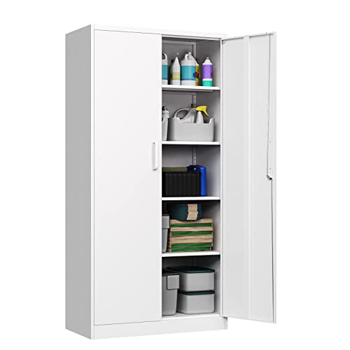 PEUKC Metal Garage Storage Cabinet, 71-inch Tall Storage Cabinet with Adjustable Shelves & Locking Doors, Tool Cabinets for Garage,Office,Home,School,Gym Storage (White) PEUKC