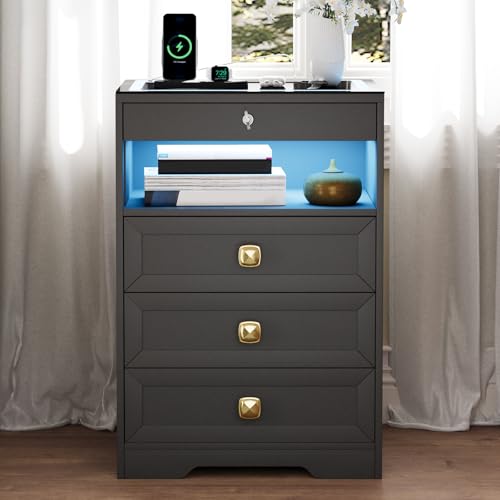 MDGC Smart Nightstand with Lockable Gun Drawer,Farmhouse Bedside Table with Charging Station and 3 LED Lights, Modern Night Stand with 3 Drawers,Glass Top End Side Table for Bedroom（Black） MDGC