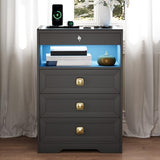 MDGC Smart Nightstand with Lockable Gun Drawer,Farmhouse Bedside Table with Charging Station and 3 LED Lights, Modern Night Stand with 3 Drawers,Glass Top End Side Table for Bedroom（Black） MDGC